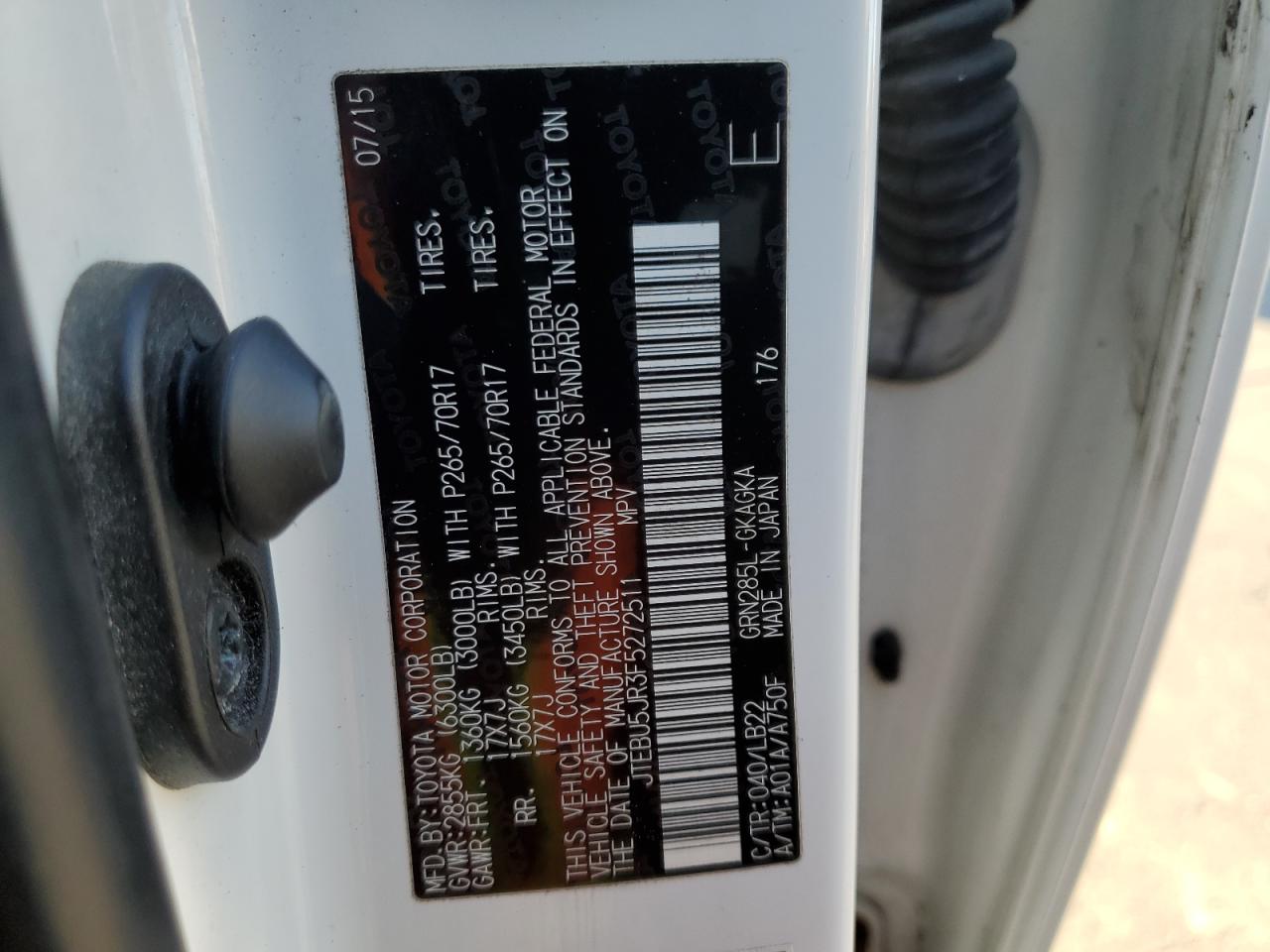 2015 Toyota 4Runner Sr5/Sr5 Premium VIN: JTEBU5JR3F5272511 Lot: 81996355