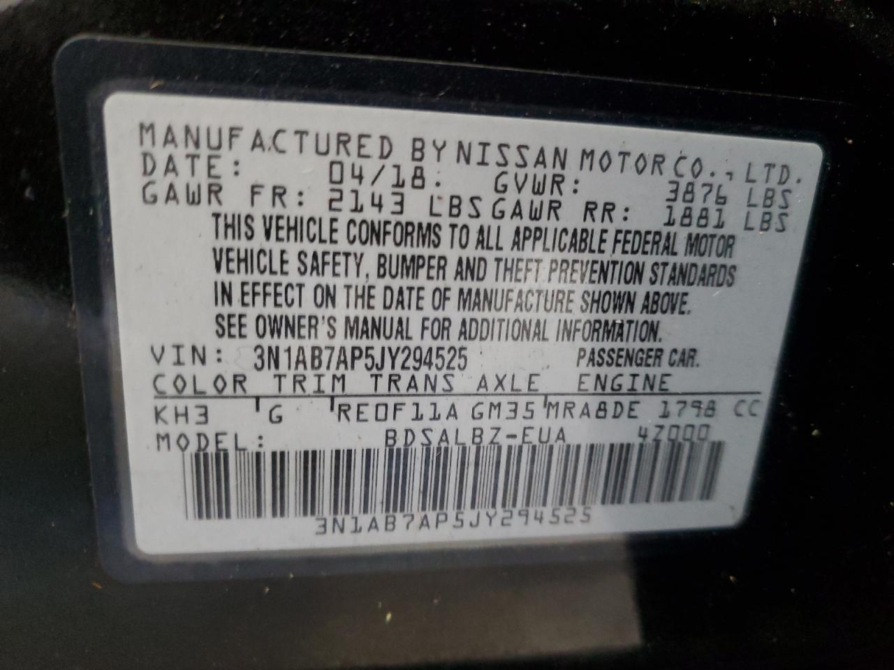 2018 Nissan Sentra S VIN: 3N1AB7AP5JY294525 Lot: 82321845