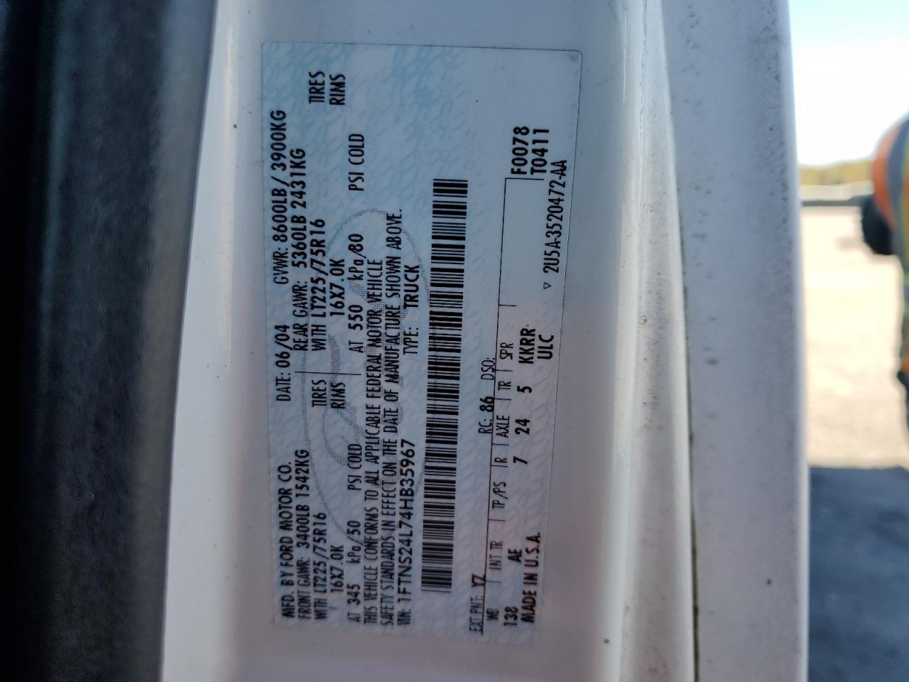 2004 Ford Econoline E250 Van VIN: 1FTNS24L74HB35967 Lot: 89522405