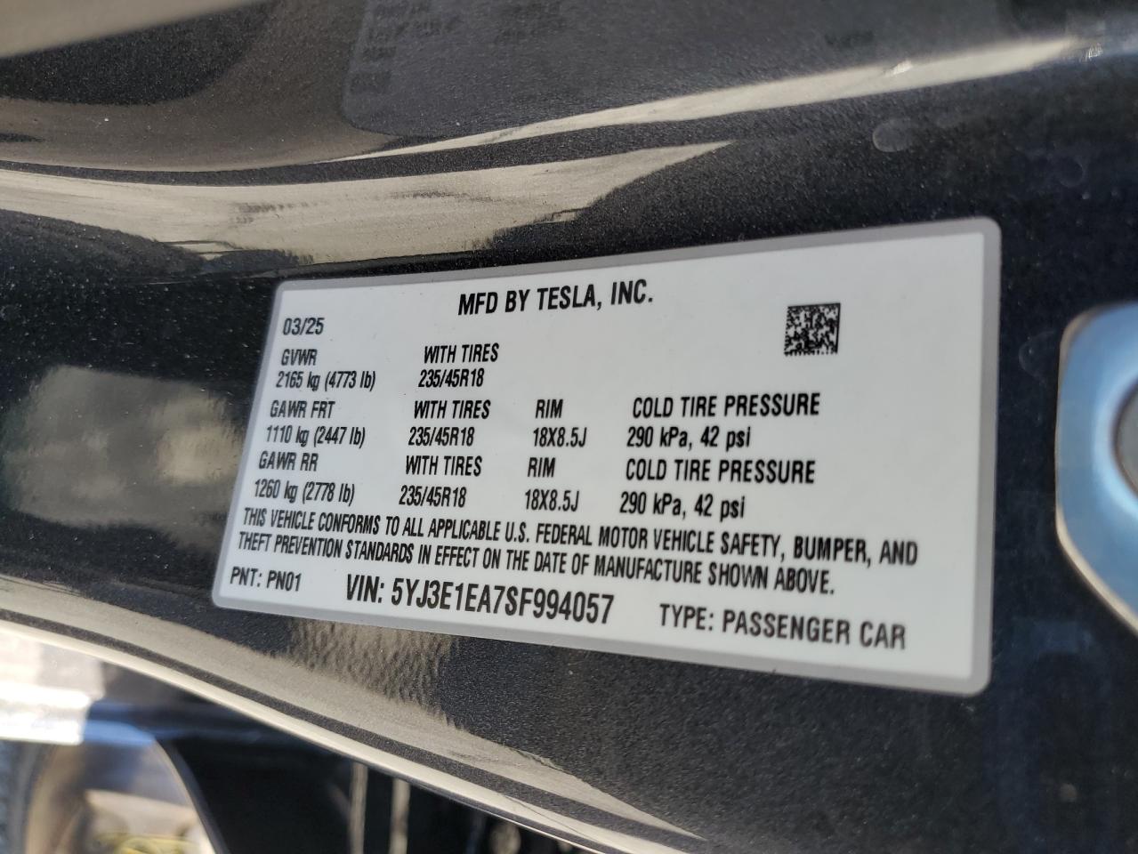 2025 Tesla Model 3 VIN: 5YJ3E1EA7SF994057 Lot: 90947395