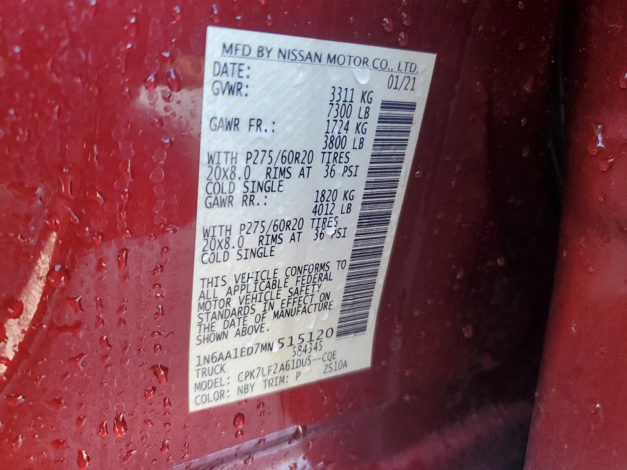 2021 Nissan Titan Sv VIN: 1N6AA1ED7MN515120 Lot: 84932315