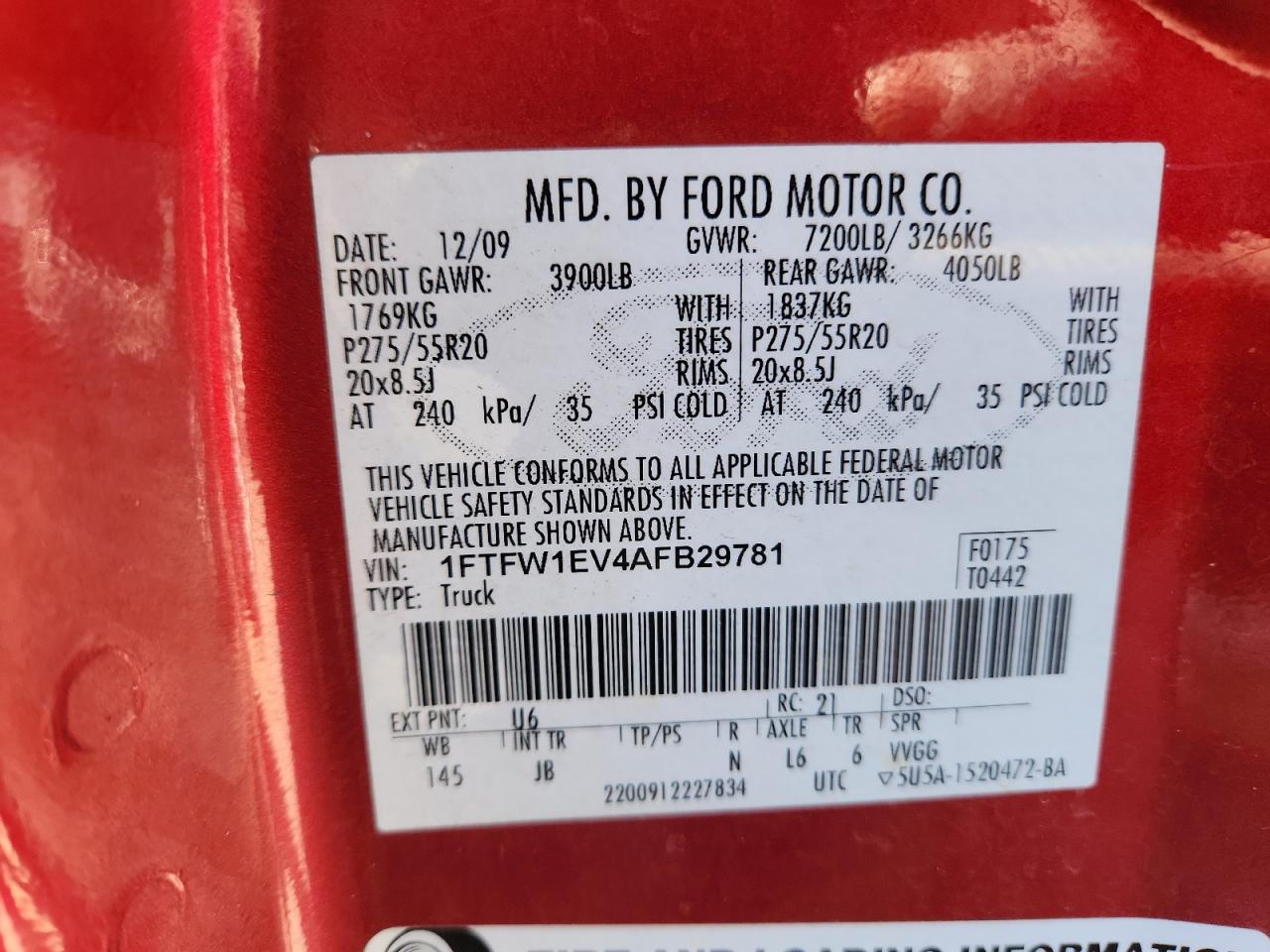 2010 Ford F150 Supercrew VIN: 1FTFW1EV4AFB29781 Lot: 85581775