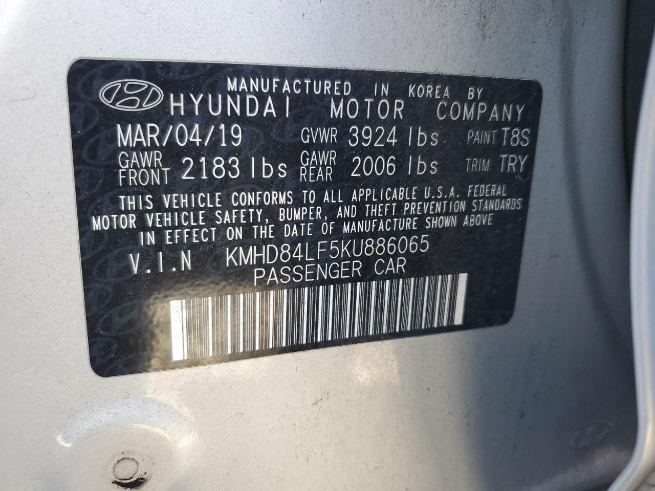 2019 Hyundai Elantra Sel VIN: KMHD84LF5KU886065 Lot: 84658555