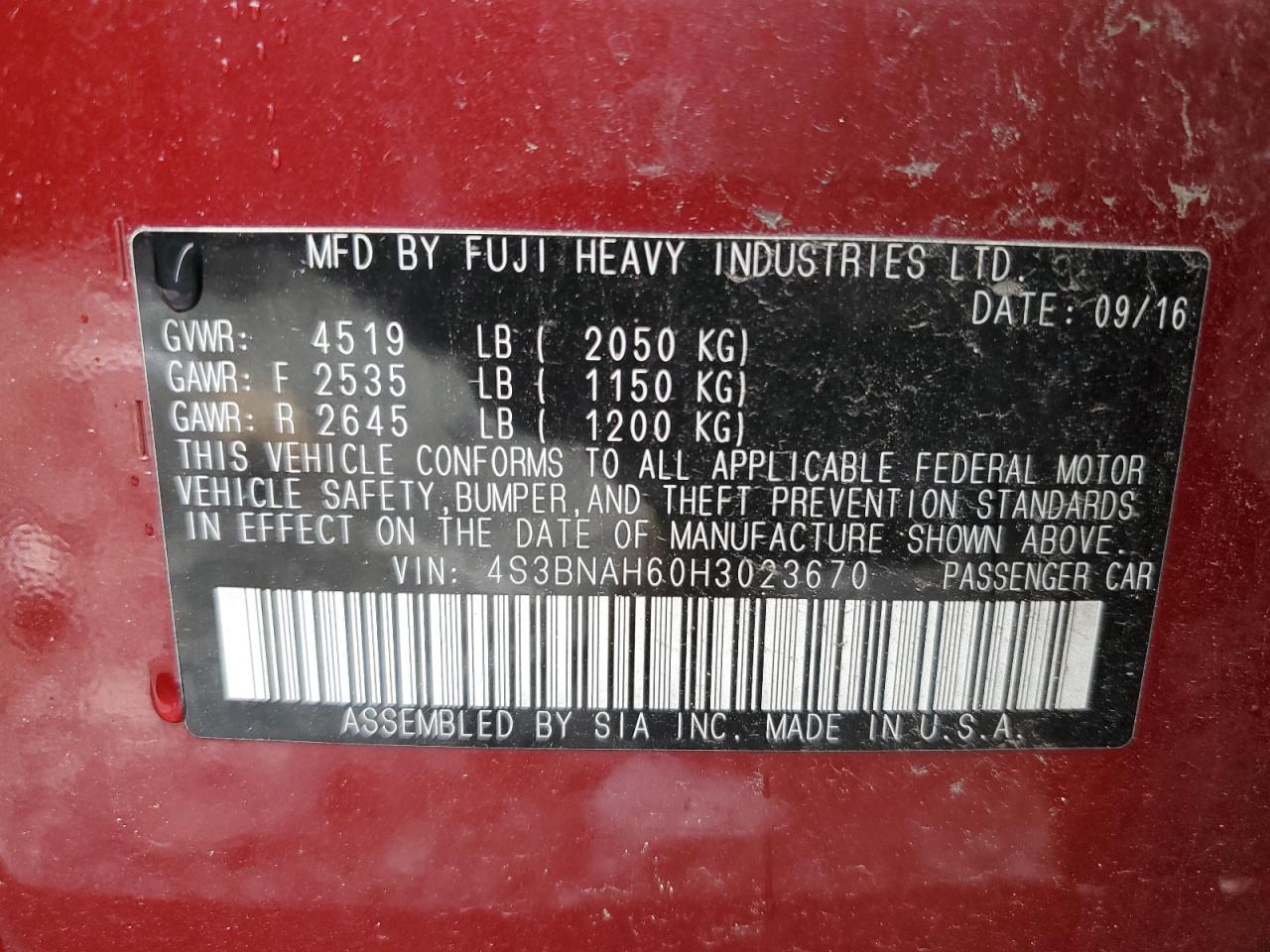 2017 Subaru Legacy 2.5I Premium VIN: 4S3BNAH60H3023670 Lot: 84804795