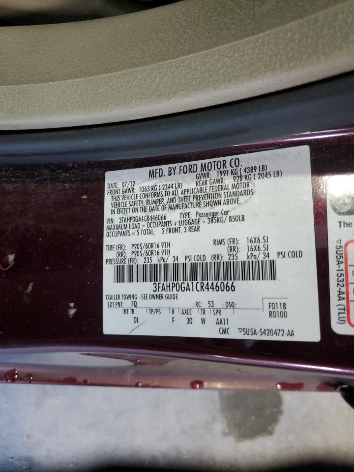 2012 Ford Fusion S VIN: 3FAHP0GA1CR446066 Lot: 90594735