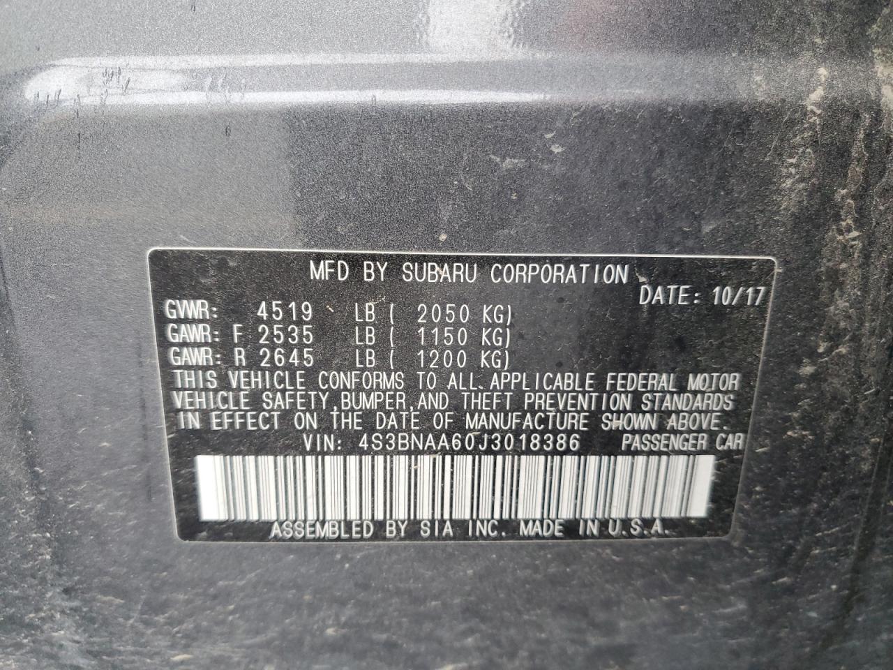 2018 Subaru Legacy 2.5I VIN: 4S3BNAA60J3018386 Lot: 86457555