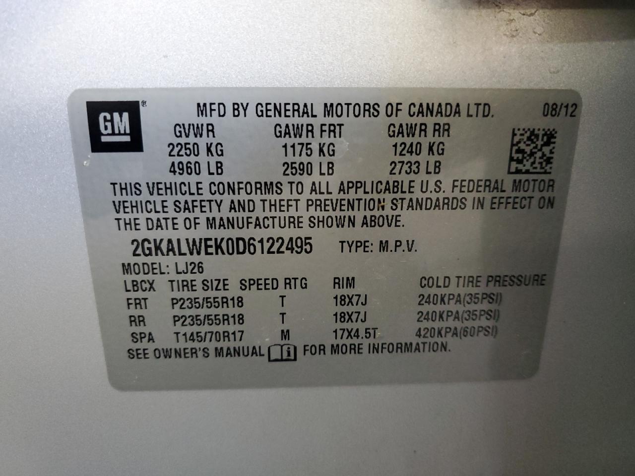 2013 GMC Terrain Slt VIN: 2GKALWEK0D6122495 Lot: 82212205