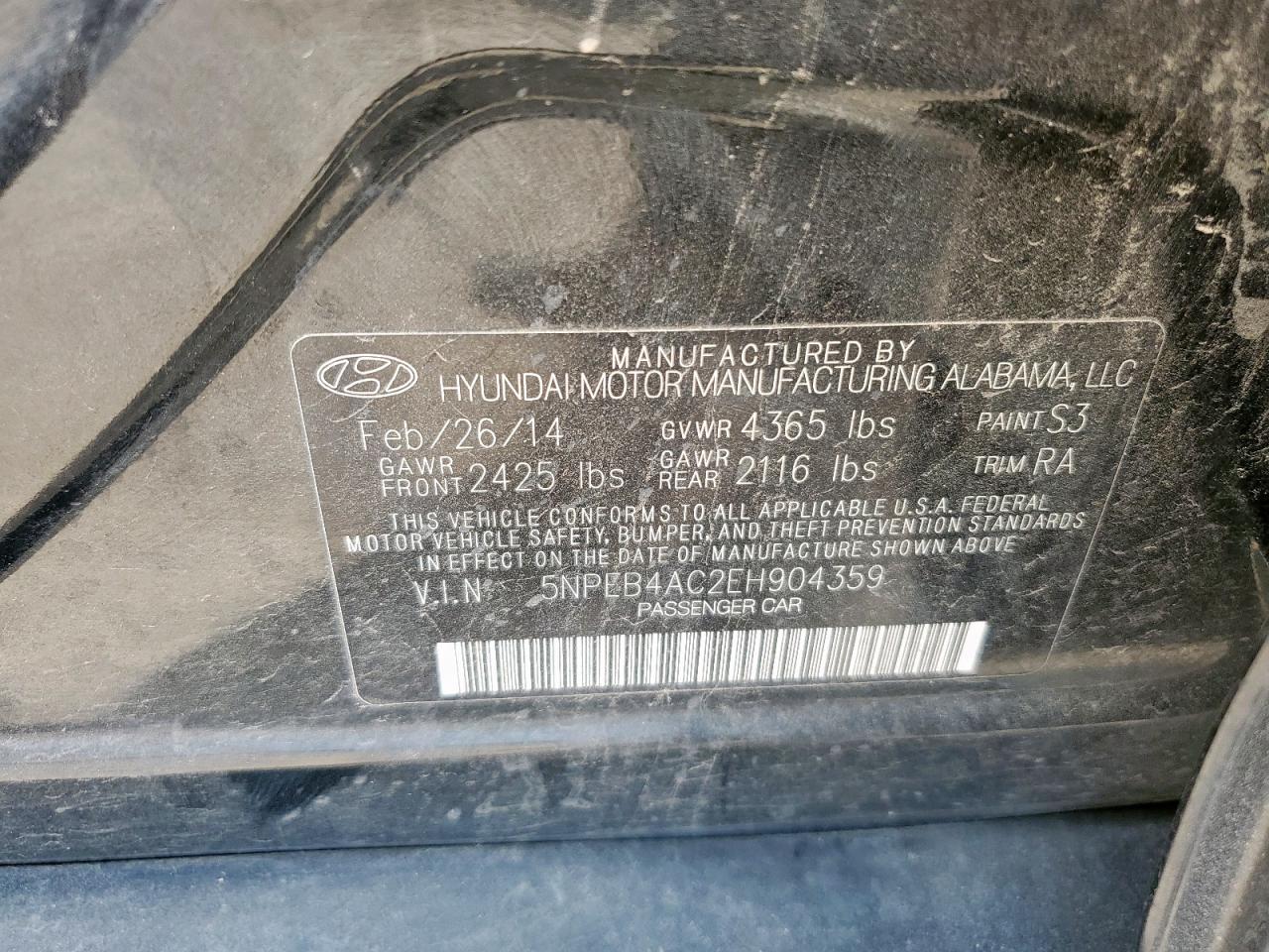 2014 Hyundai Sonata Gls VIN: 5NPEB4AC2EH904359 Lot: 86630915