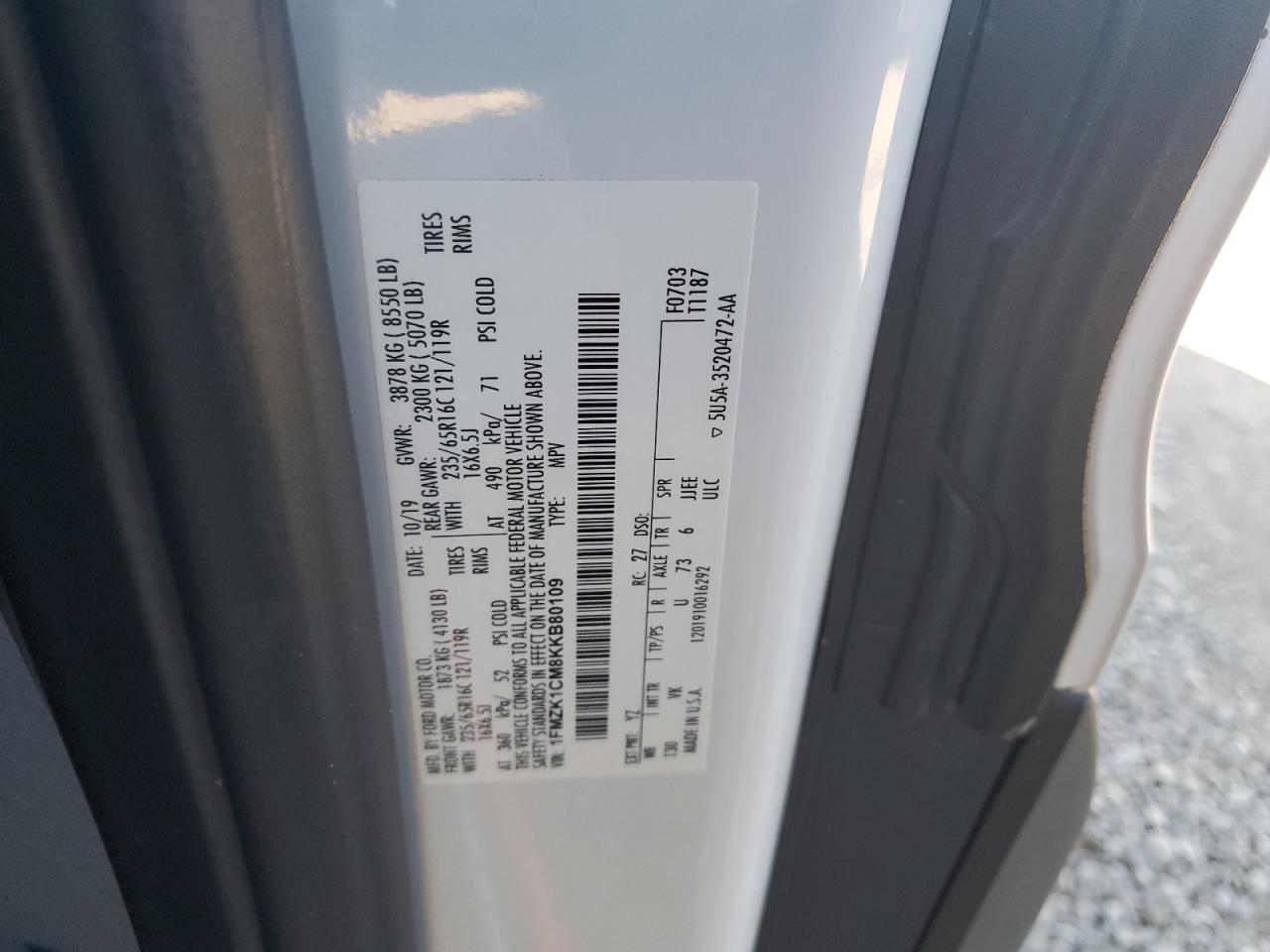 2019 Ford Transit T-150 VIN: 1FMZK1CM8KKB80109 Lot: 86244275