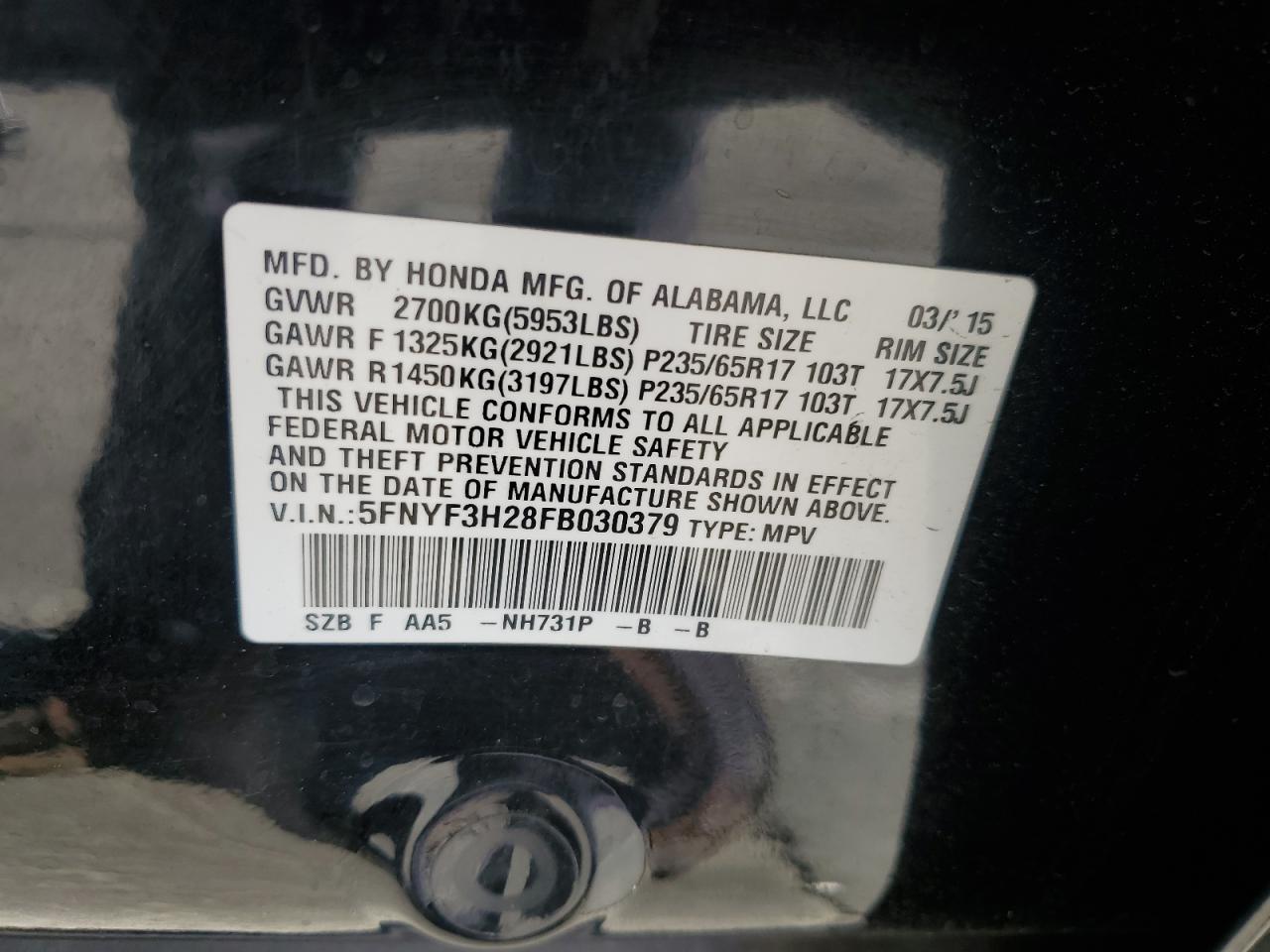 2015 Honda Pilot Lx VIN: 5FNYF3H28FB030379 Lot: 82264705