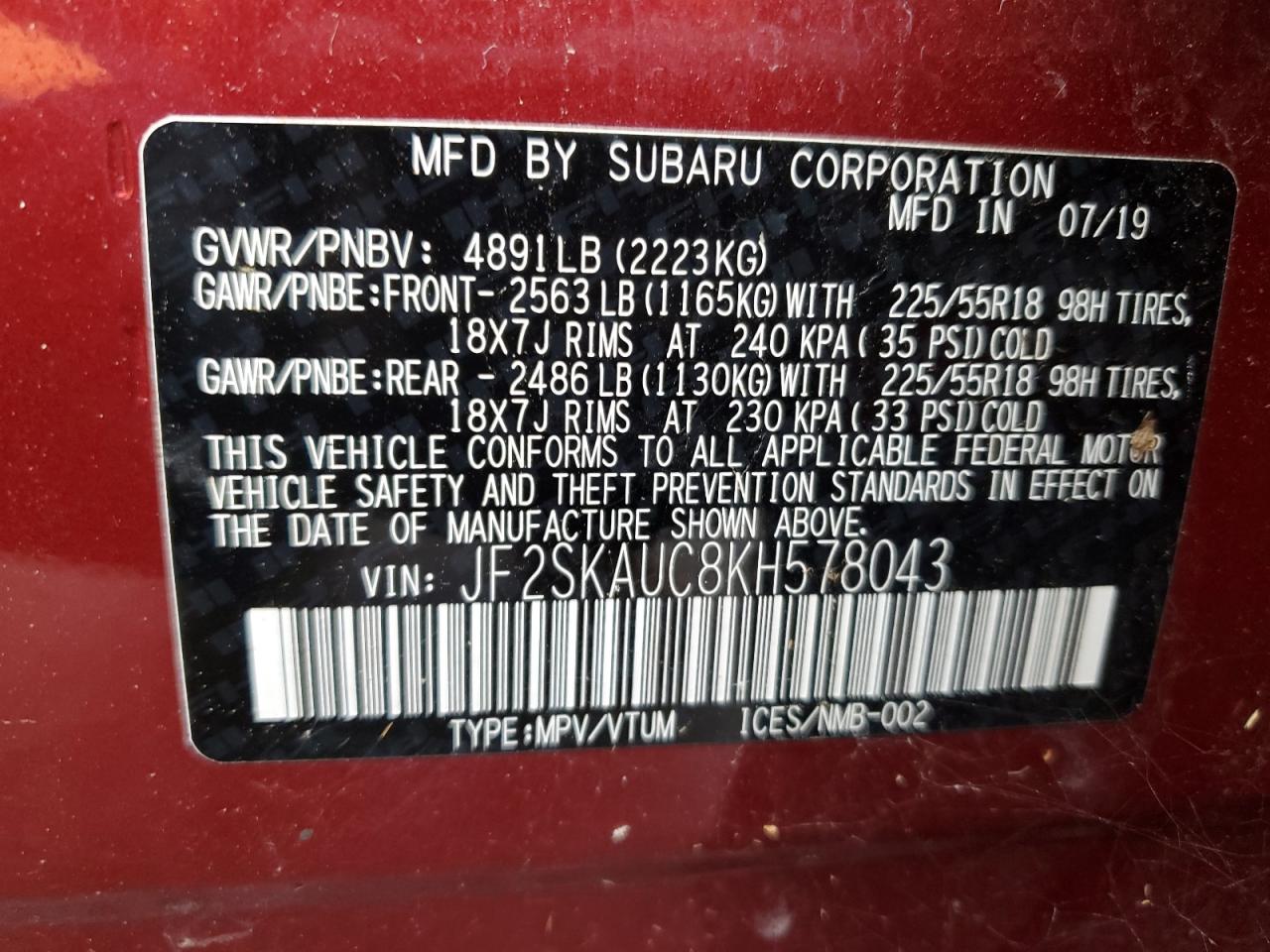 2019 Subaru Forester Limited VIN: JF2SKAUC8KH578043 Lot: 90301355