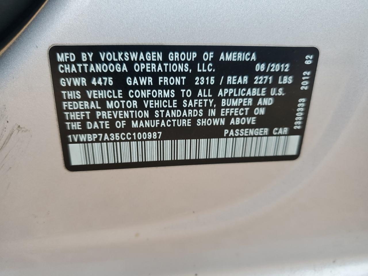 2012 Volkswagen Passat Se VIN: 1VWBP7A35CC100987 Lot: 82310815