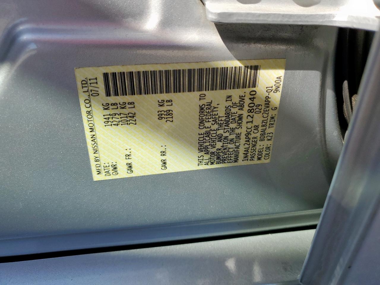 2012 Nissan Altima Base VIN: 1N4AL2AP9CC128040 Lot: 85560235