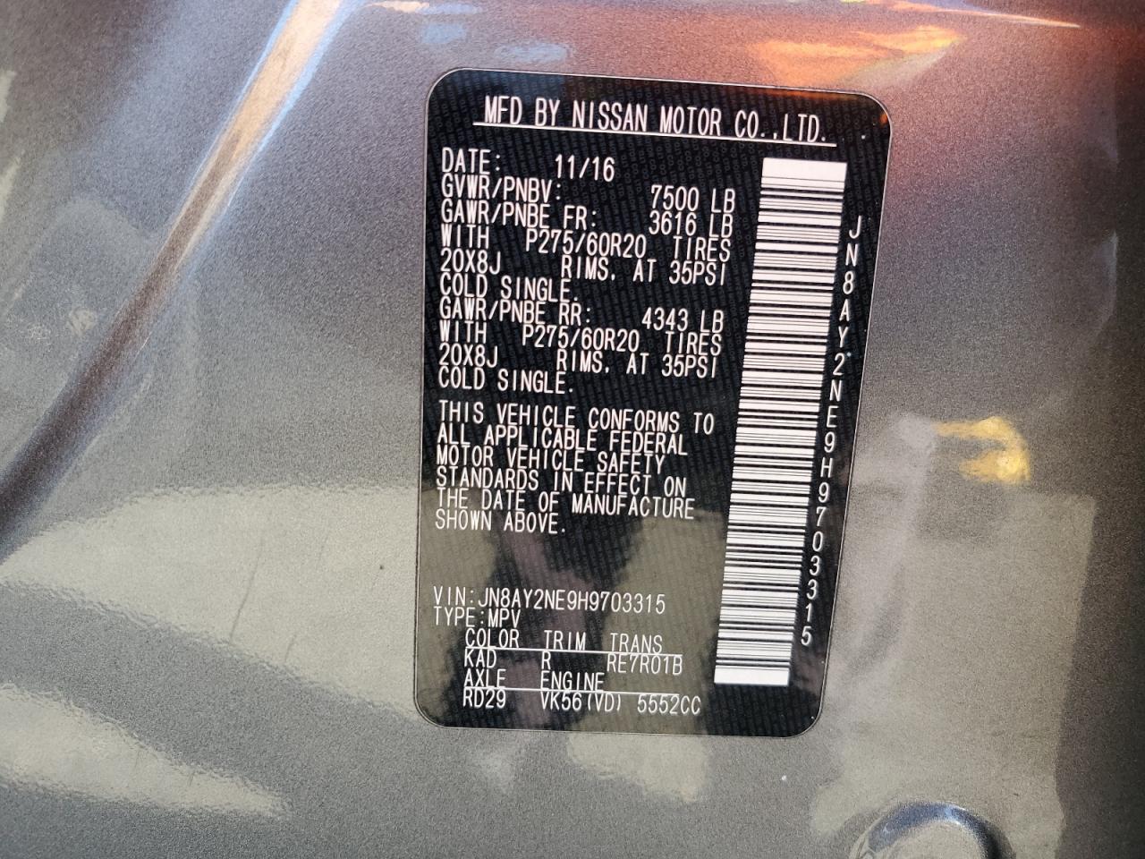 2017 Nissan Armada Platinum VIN: JN8AY2NE9H9703315 Lot: 81983885