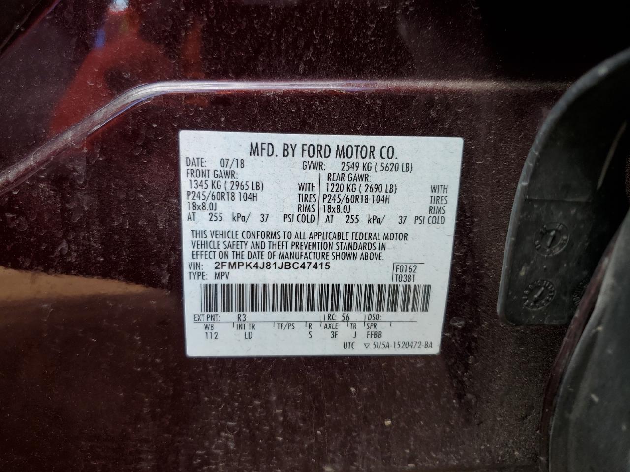 2018 Ford Edge Sel VIN: 2FMPK4J81JBC47415 Lot: 86545025