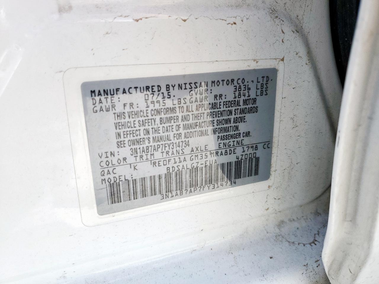 2015 Nissan Sentra S VIN: 3N1AB7AP7FY314734 Lot: 85758015