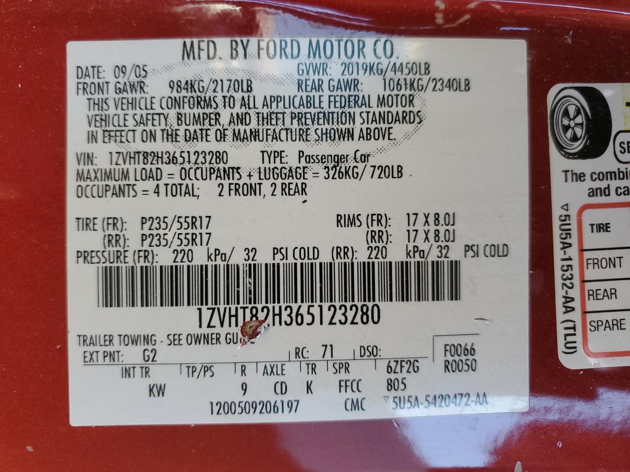 2006 Ford Mustang Gt VIN: 1ZVHT82H365123280 Lot: 81955495