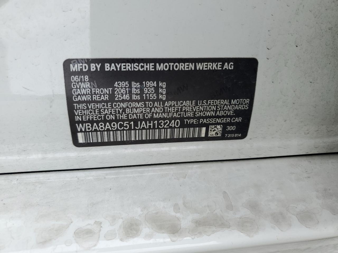 2018 BMW 320 I VIN: WBA8A9C51JAH13240 Lot: 81996385