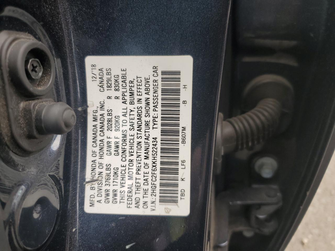 2019 Honda Civic Lx VIN: 2HGFC2F6XKH522434 Lot: 85297025