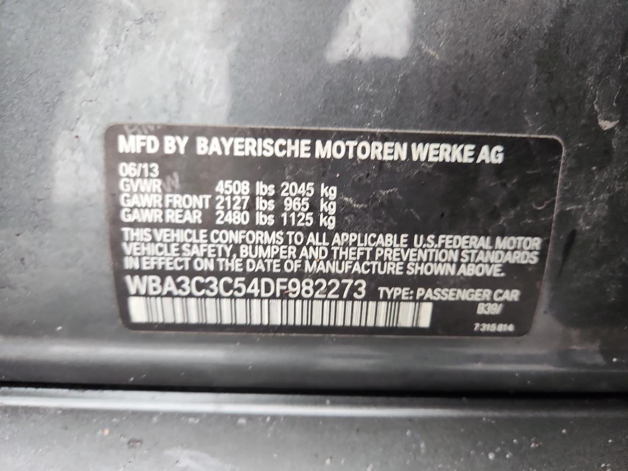 2013 BMW 320 I xDrive VIN: WBA3C3C54DF982273 Lot: 86437965