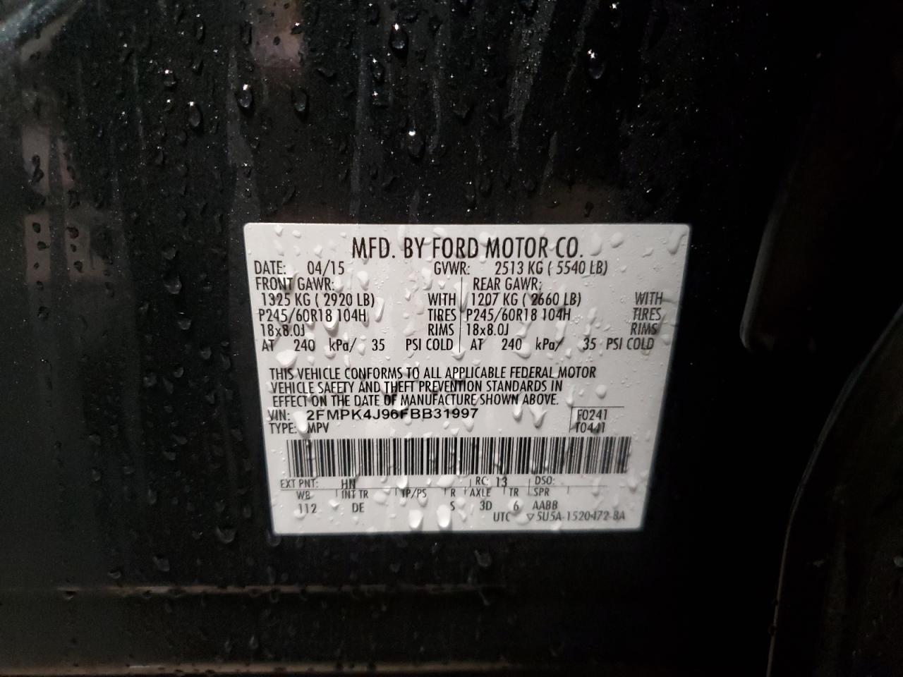 2015 Ford Edge Sel VIN: 2FMPK4J96FBB31997 Lot: 90612555