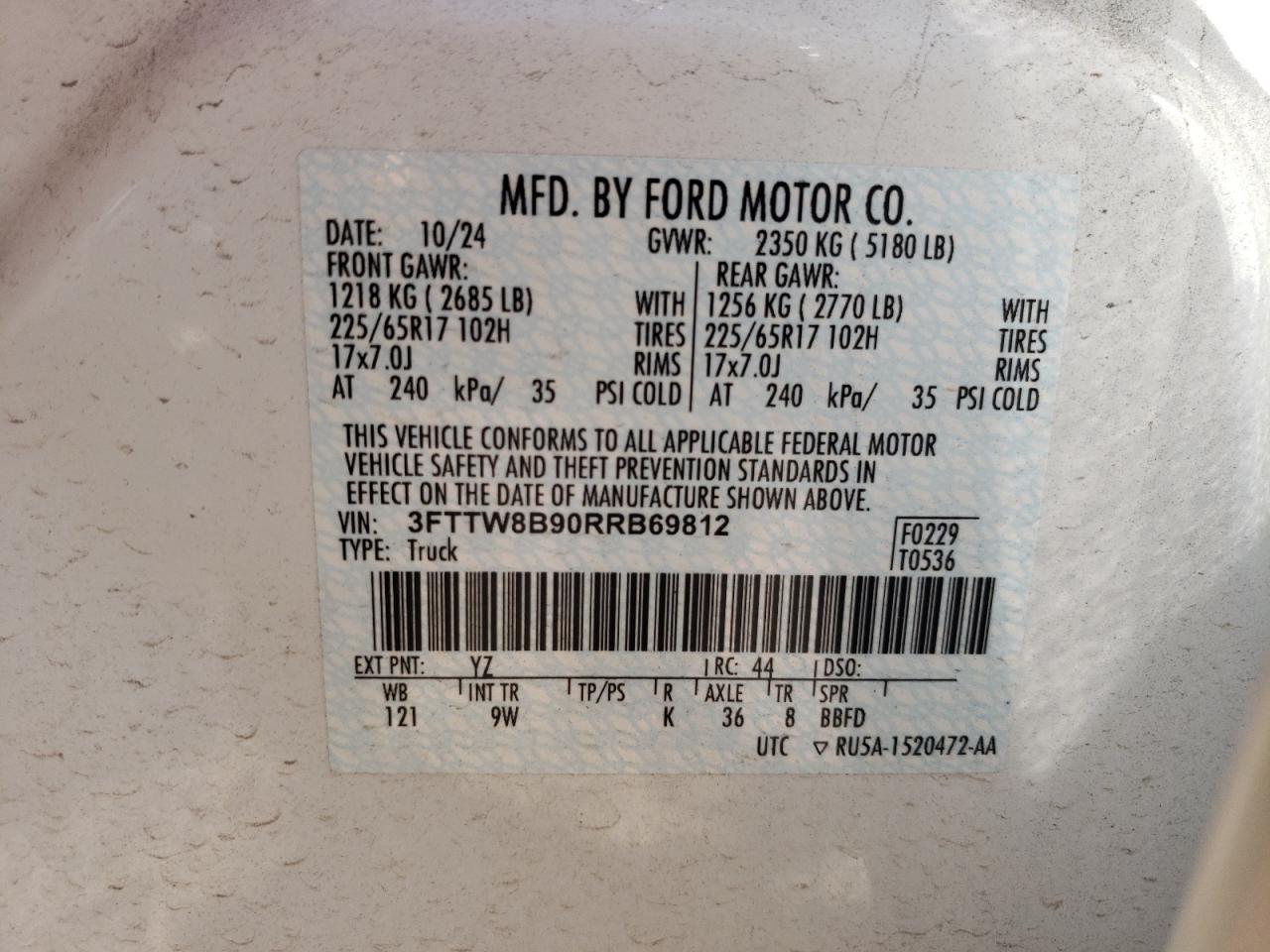 2024 Ford Maverick Xl VIN: 3FTTW8B90RRB69812 Lot: 84735995