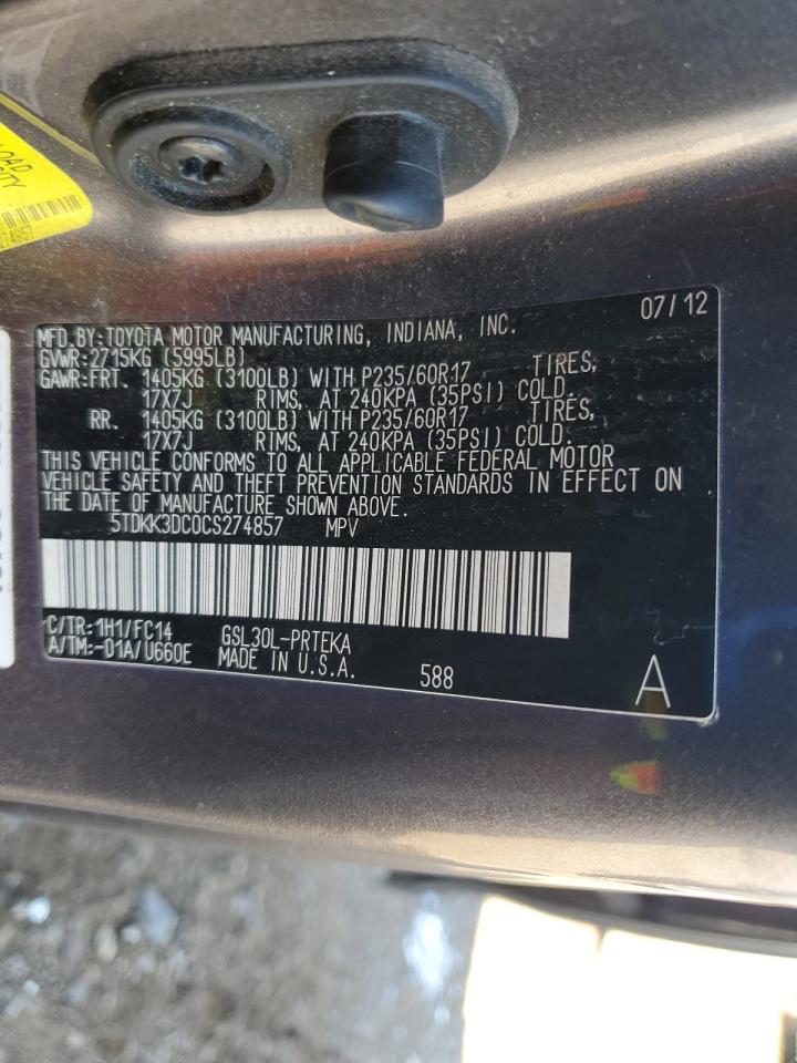 2012 Toyota Sienna Le VIN: 5TDKK3DC0CS274857 Lot: 84895925