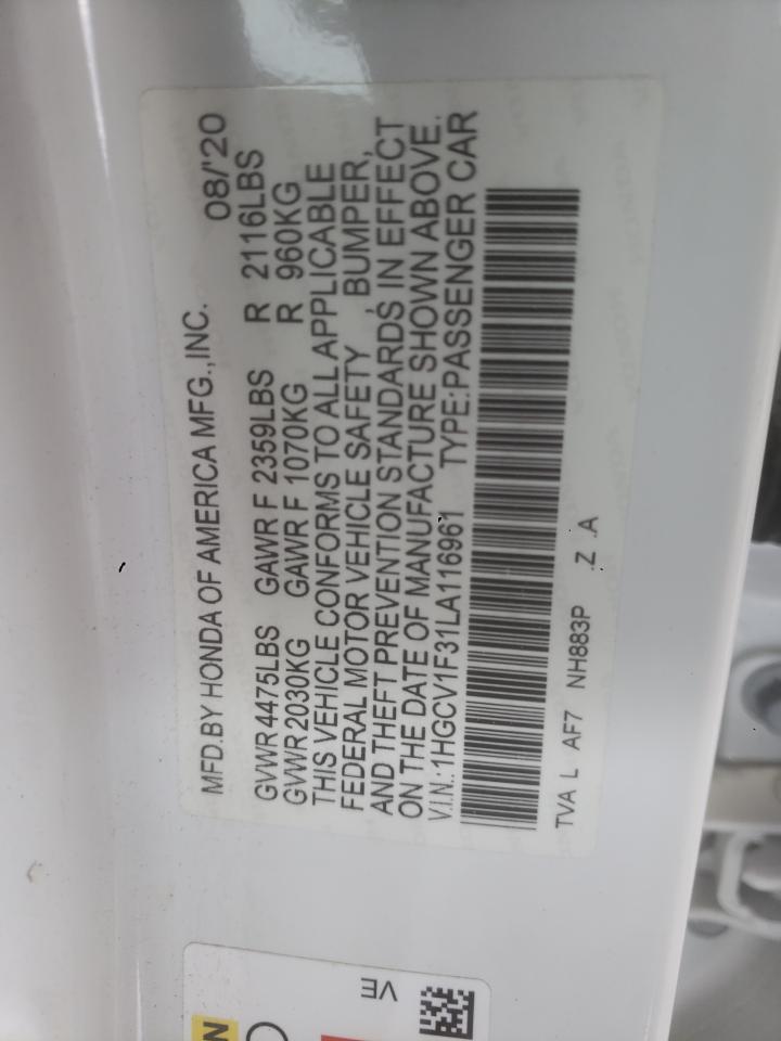 2020 Honda Accord Sport VIN: 1HGCV1F31LA116961 Lot: 89825565