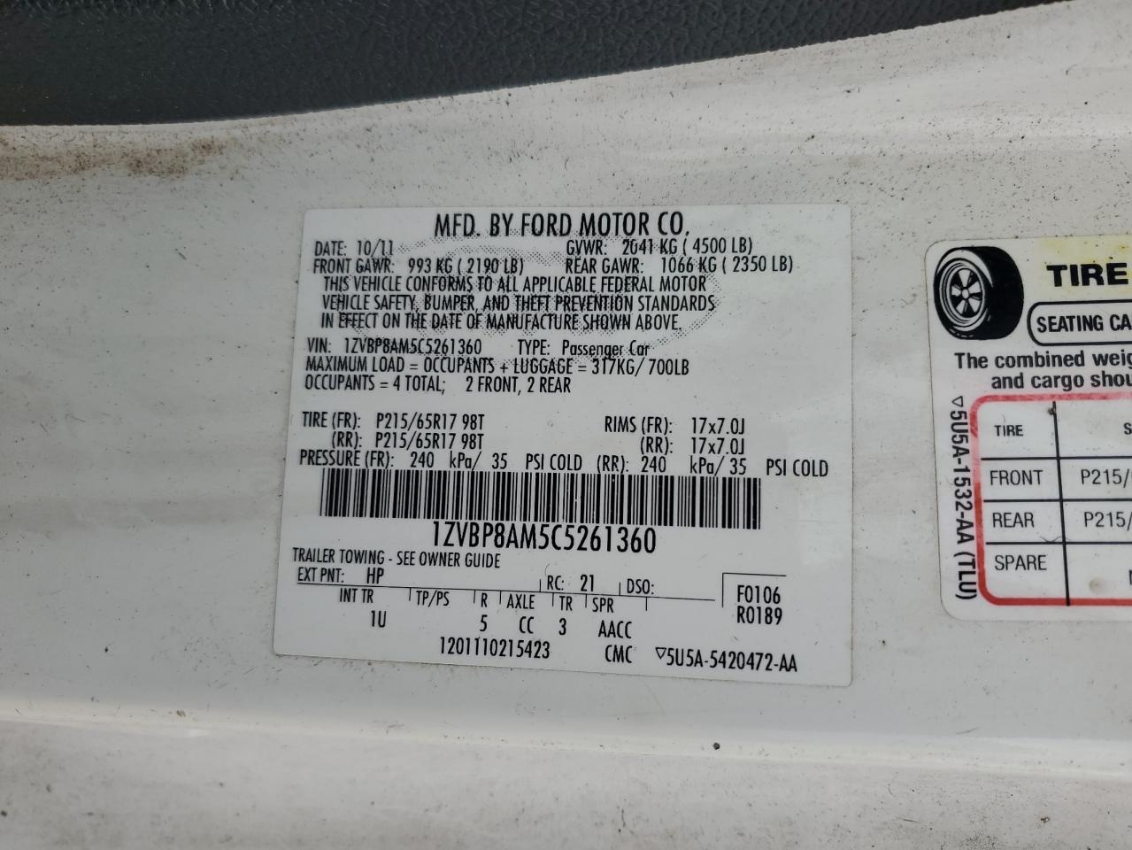 2012 Ford Mustang VIN: 1ZVBP8AM5C5261360 Lot: 86153065