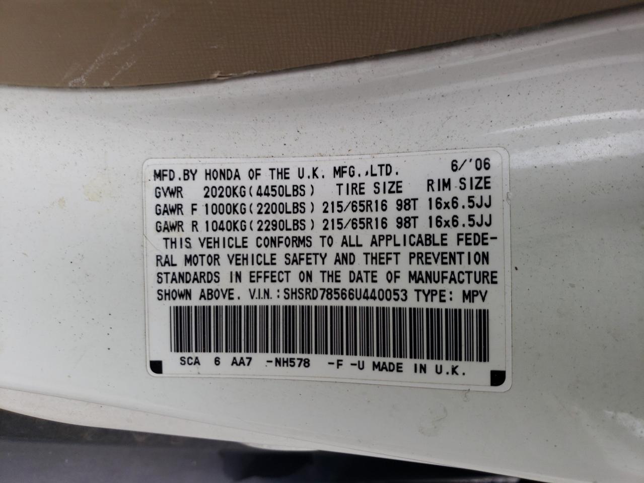 2006 Honda Cr-V Lx VIN: SHSRD78566U440053 Lot: 89576085