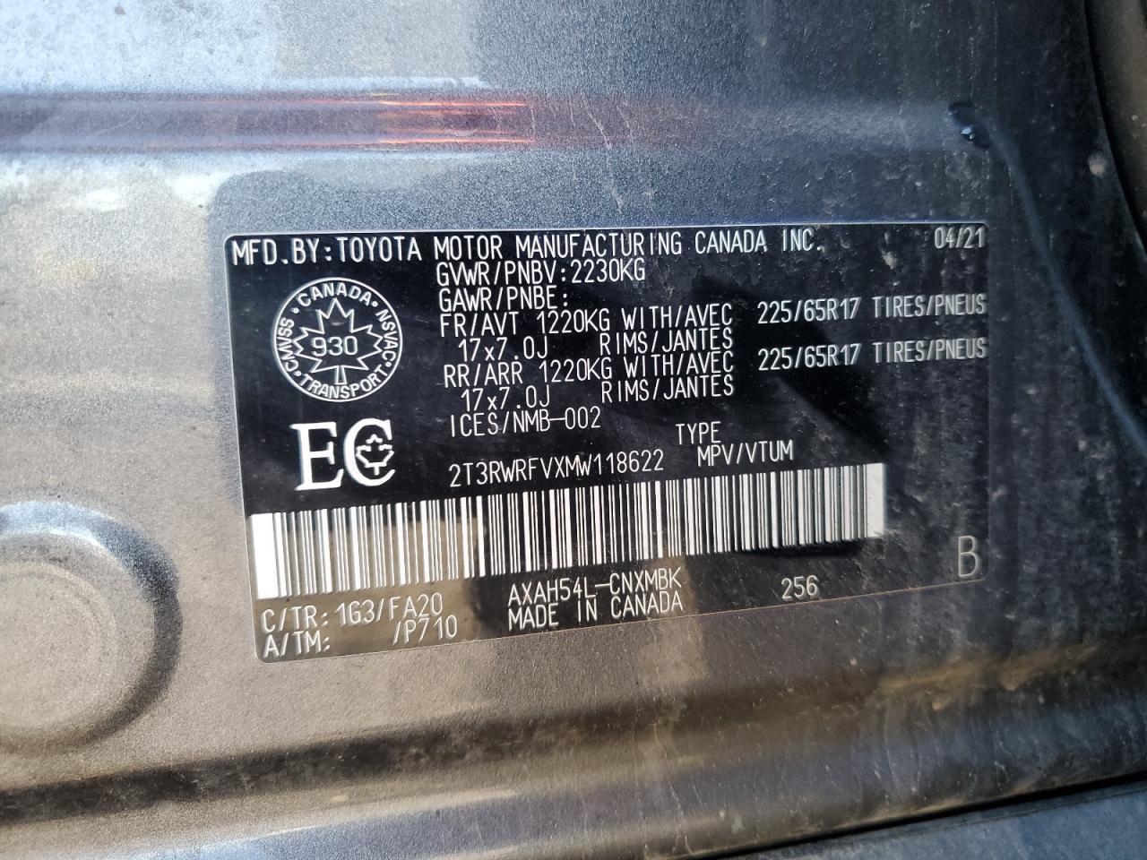 2021 Toyota Rav4 Xle VIN: 2T3RWRFVXMW118622 Lot: 85816715