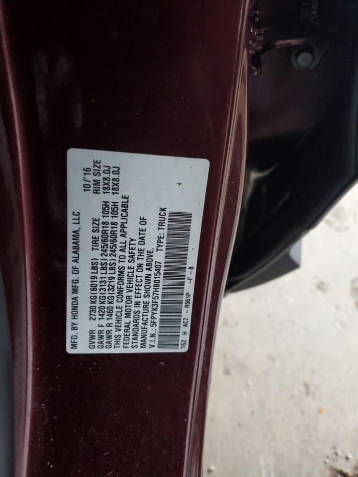 2017 Honda Ridgeline Rtl VIN: 5FPYK3F57HB015407 Lot: 90296975