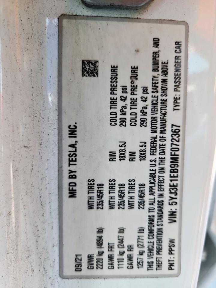 2021 Tesla Model 3 VIN: 5YJ3E1EB9MF072367 Lot: 84579895