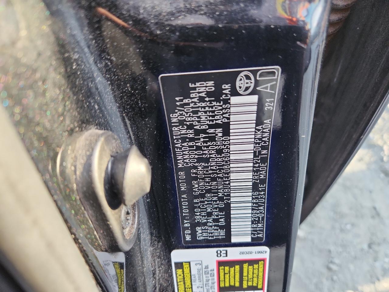 2011 Toyota Corolla Base VIN: 2T1BU4EE0BC609560 Lot: 85472615