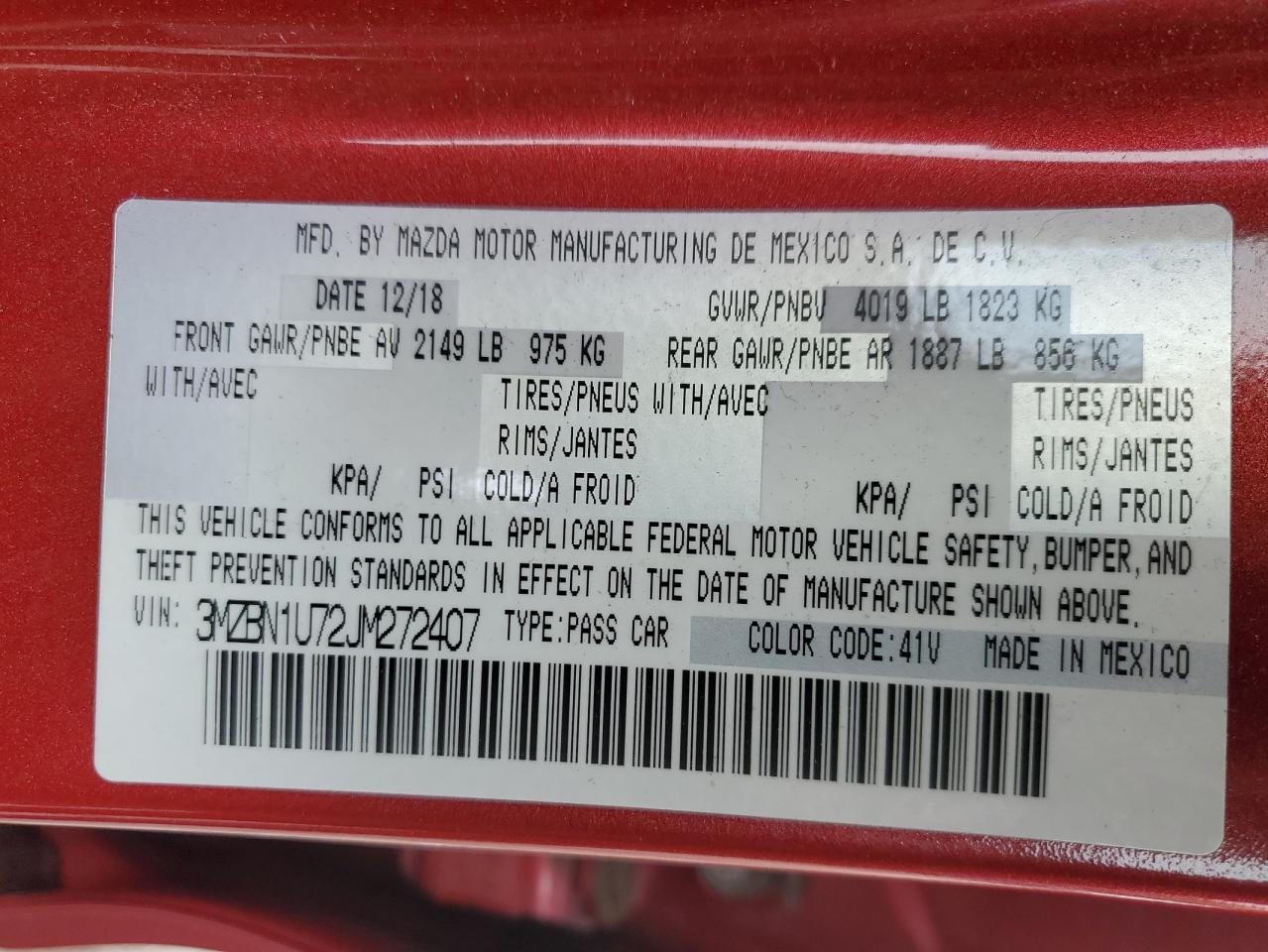2018 Mazda 3 Sport VIN: 3MZBN1U72JM272407 Lot: 91118875