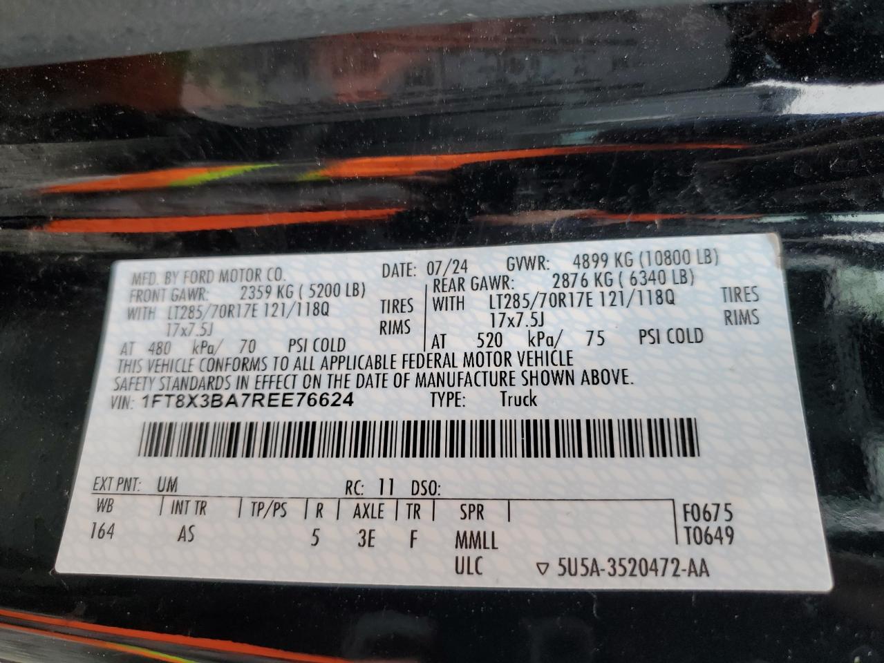 2024 Ford F350 Super Duty VIN: 1FT8X3BA7REE76624 Lot: 87269505