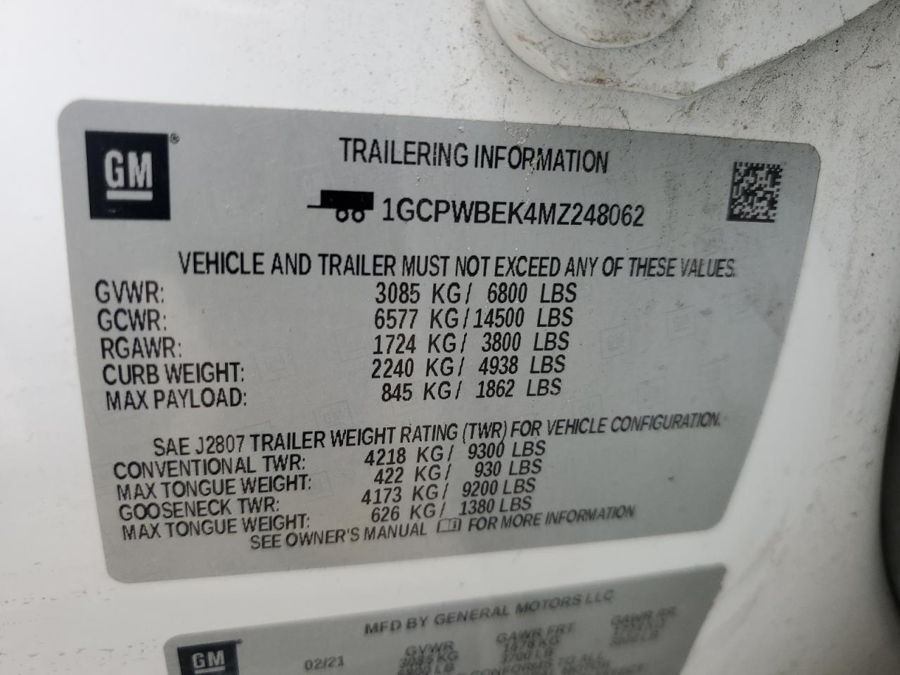 2021 Chevrolet Silverado C1500 Custom VIN: 1GCPWBEK4MZ248062 Lot: 86242255