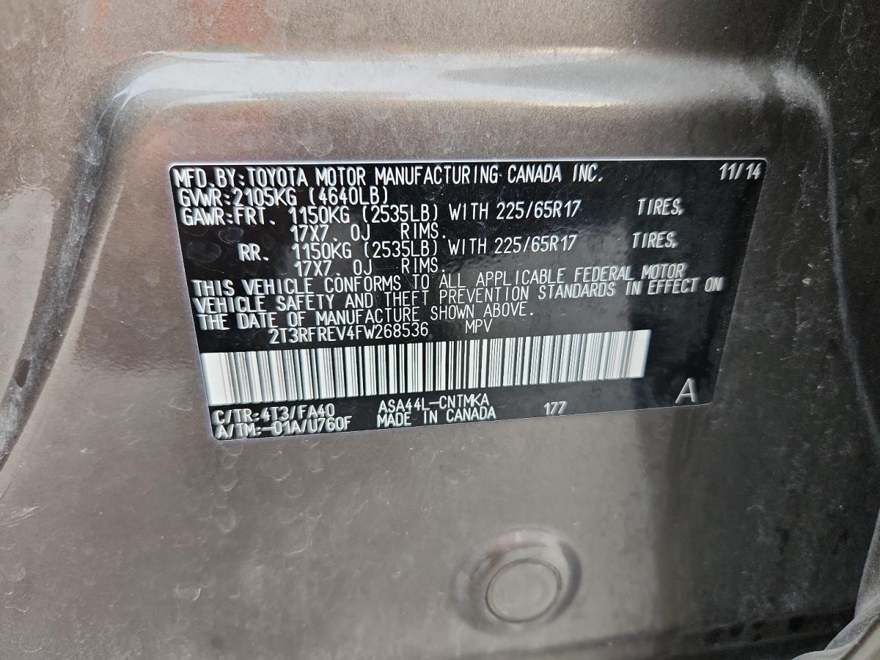 2015 Toyota Rav4 Xle VIN: 2T3RFREV4FW268536 Lot: 86316815