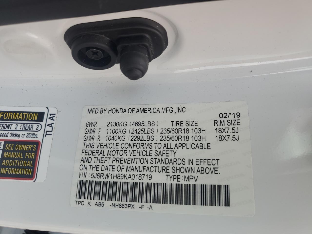 2019 Honda Cr-V Exl VIN: 5J6RW1H89KA018719 Lot: 84903935