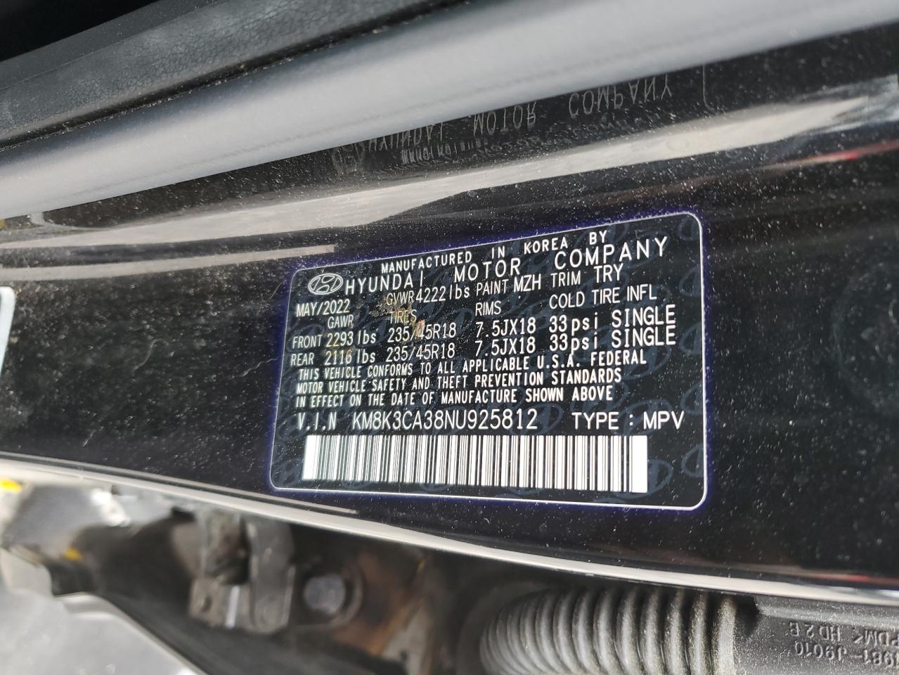 2022 Hyundai Kona N Line VIN: KM8K3CA38NU925812 Lot: 85859875