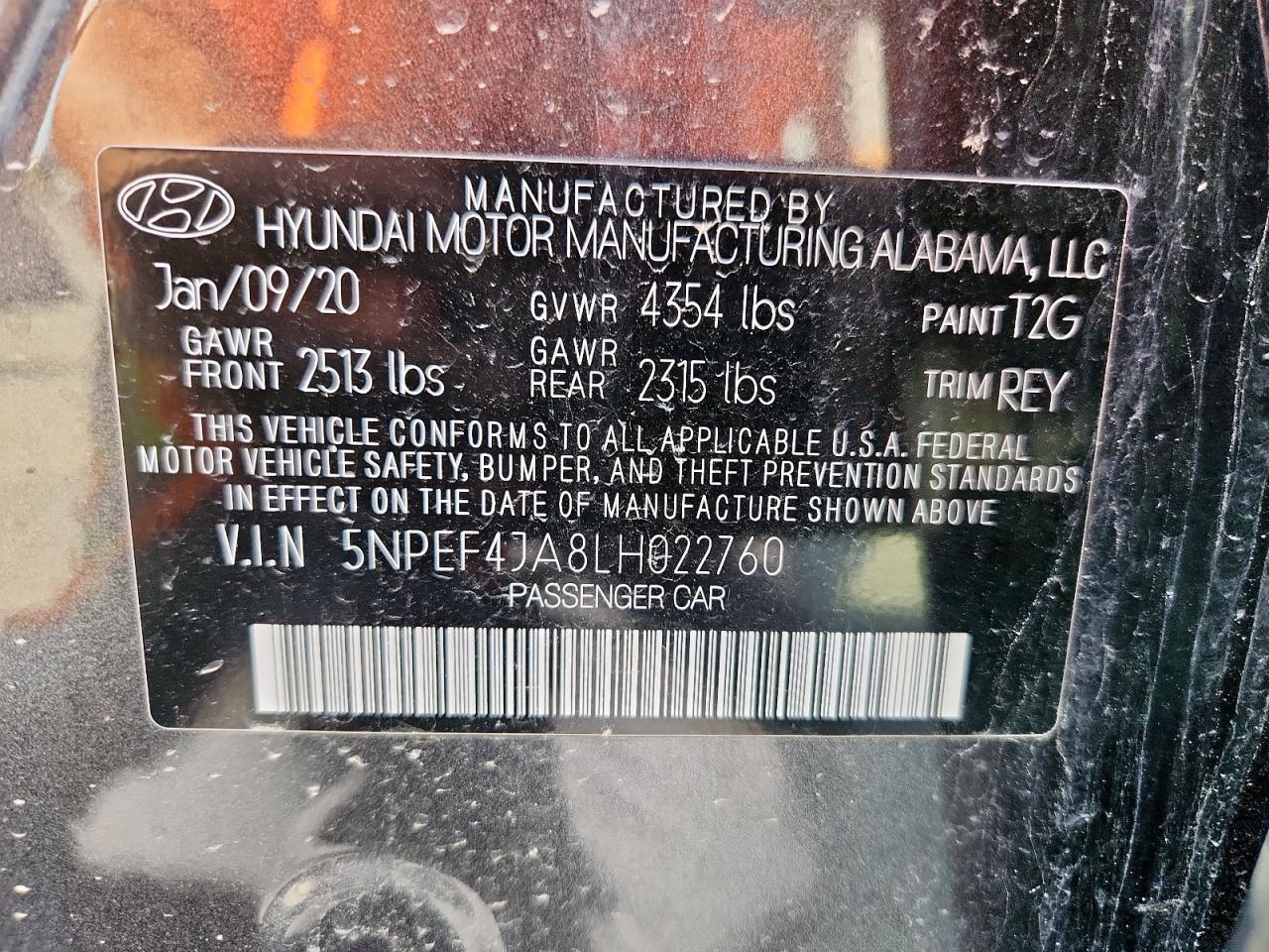 2020 Hyundai Sonata Sel VIN: 5NPEF4JA8LH022760 Lot: 90515225