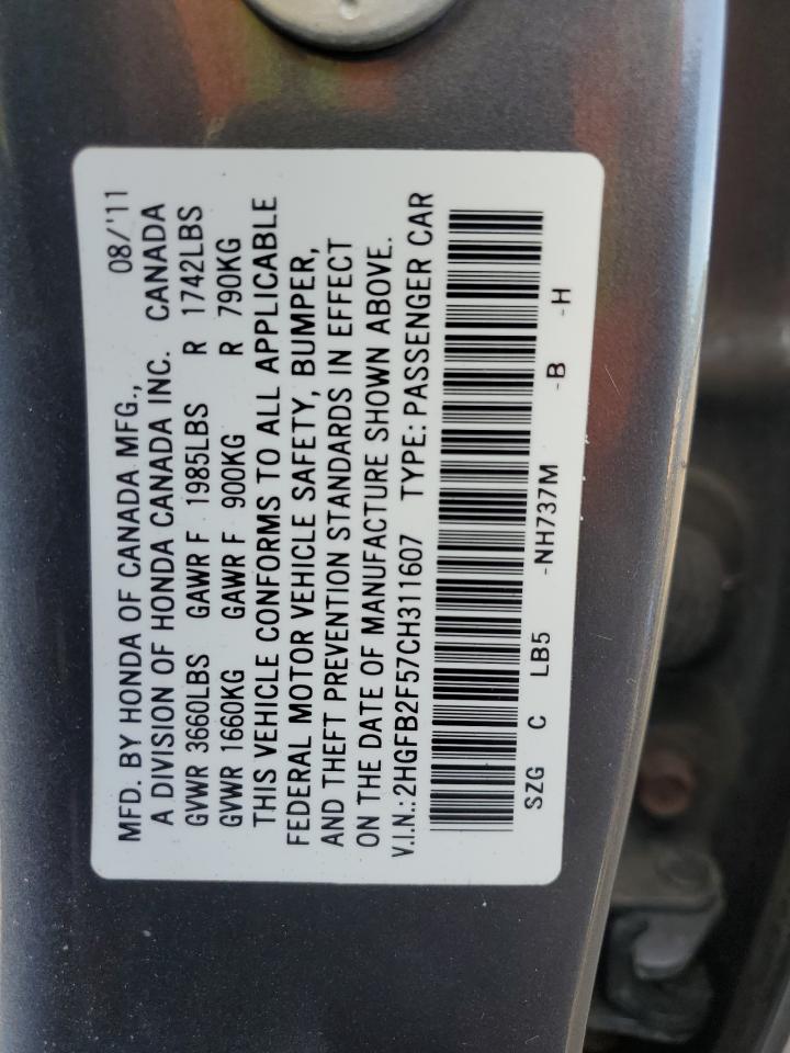 2012 Honda Civic Lx VIN: 2HGFB2F57CH311607 Lot: 84764075