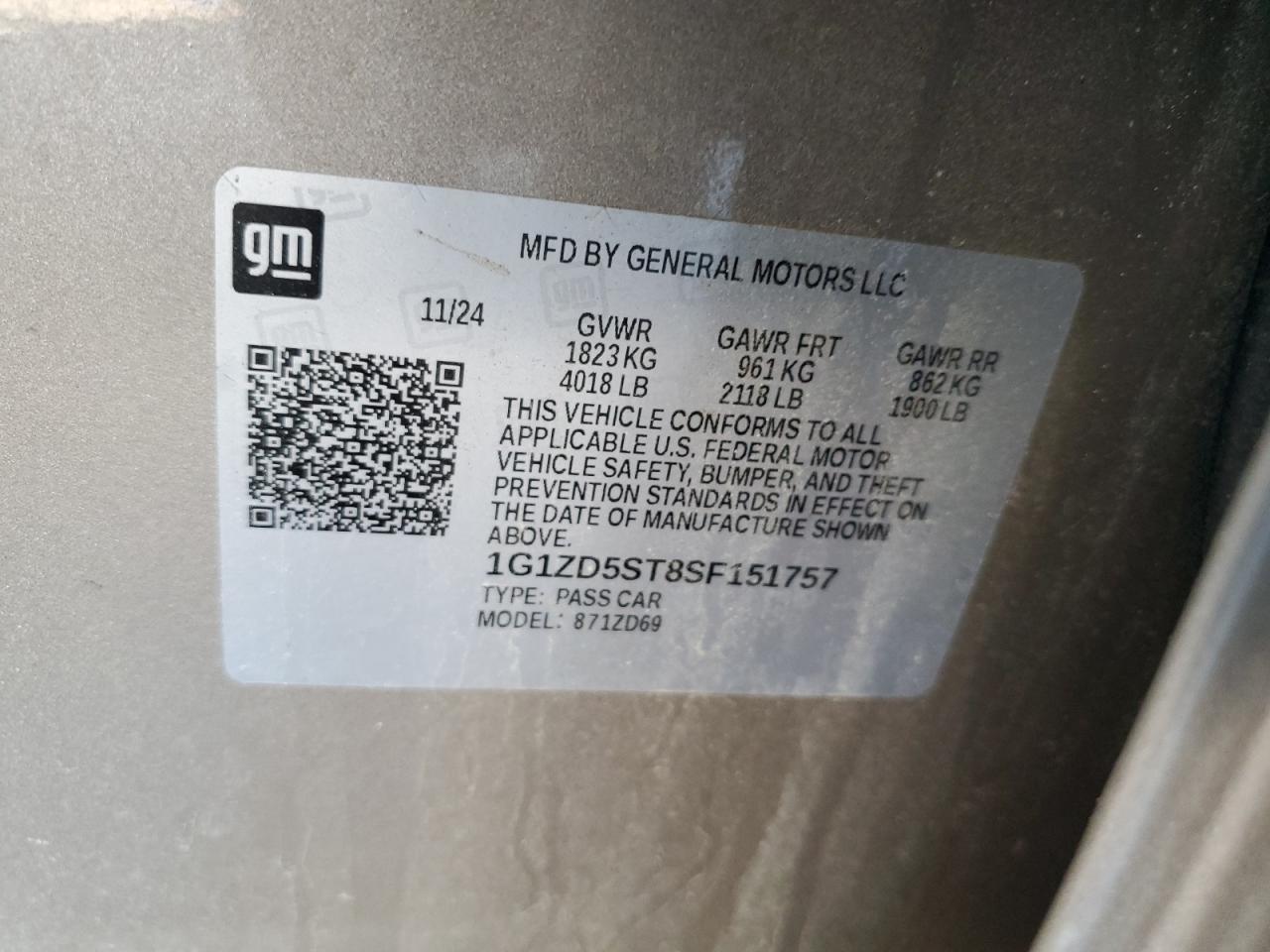 2025 Chevrolet Malibu Lt VIN: 1G1ZD5ST8SF151757 Lot: 85361565