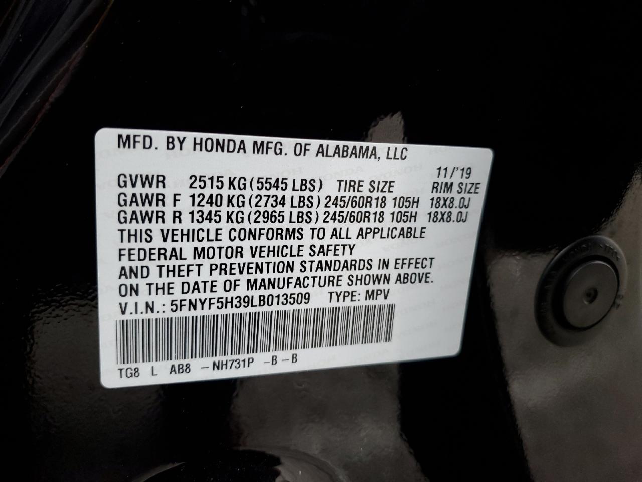 2020 Honda Pilot Ex VIN: 5FNYF5H39LB013509 Lot: 84992085