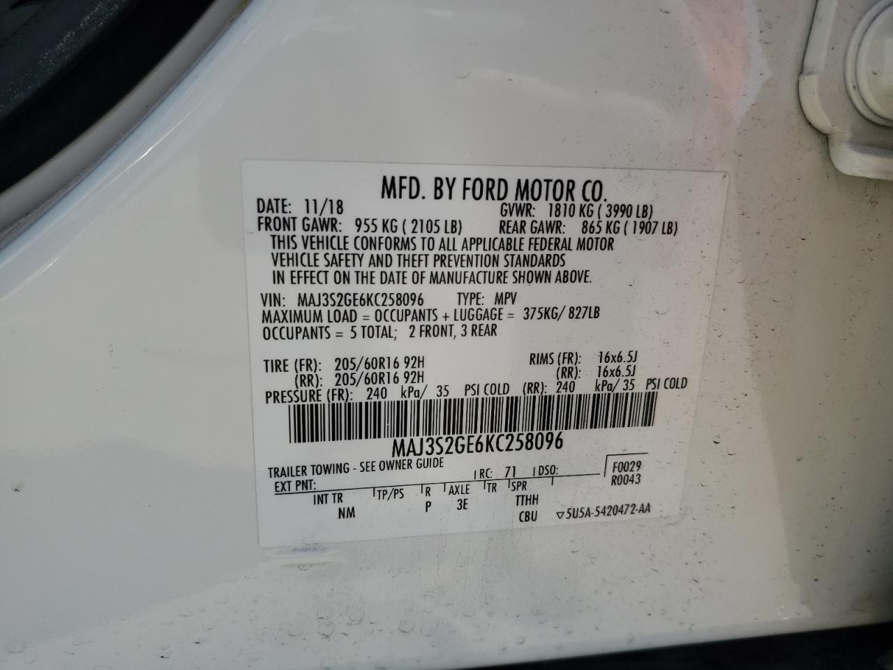 2019 Ford Ecosport Se VIN: MAJ3S2GE6KC258096 Lot: 86814835