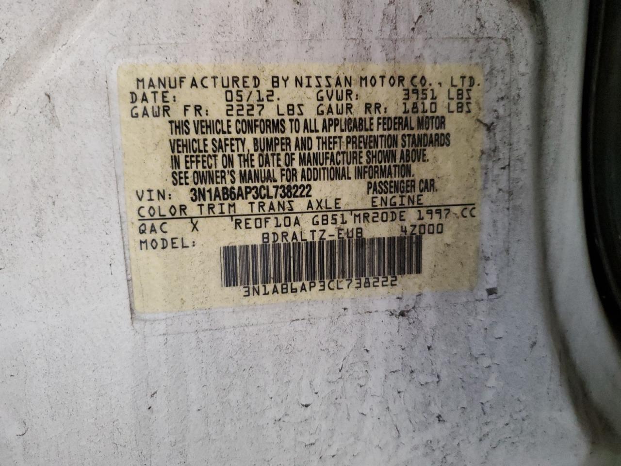 2012 Nissan Sentra 2.0 VIN: 3N1AB6AP3CL738222 Lot: 85298935