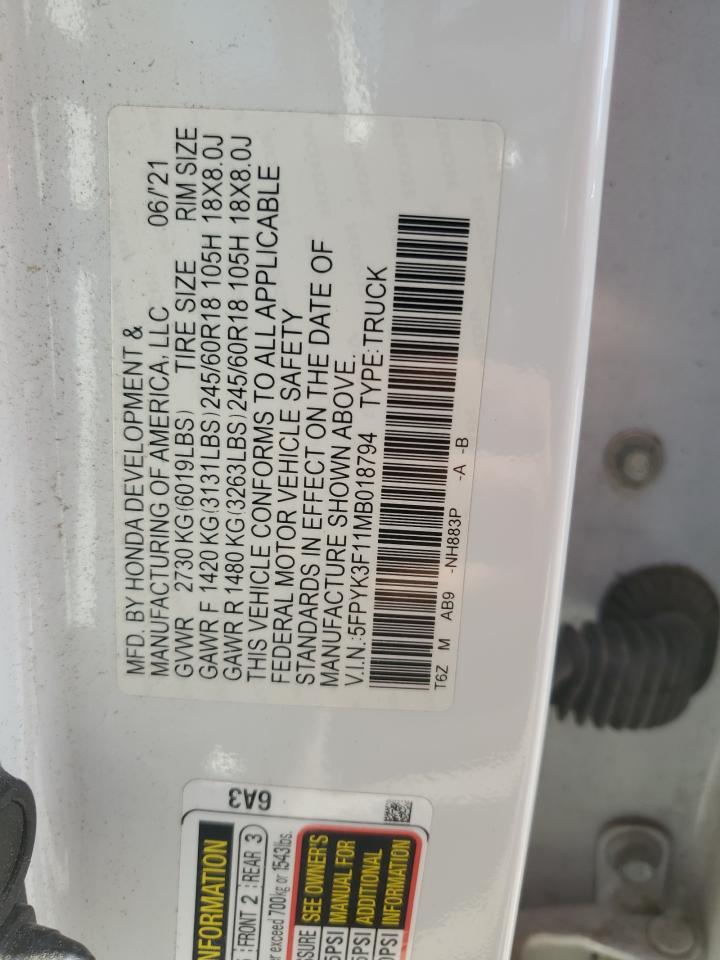 2021 Honda Ridgeline Sport VIN: 5FPYK3F11MB018794 Lot: 82456925