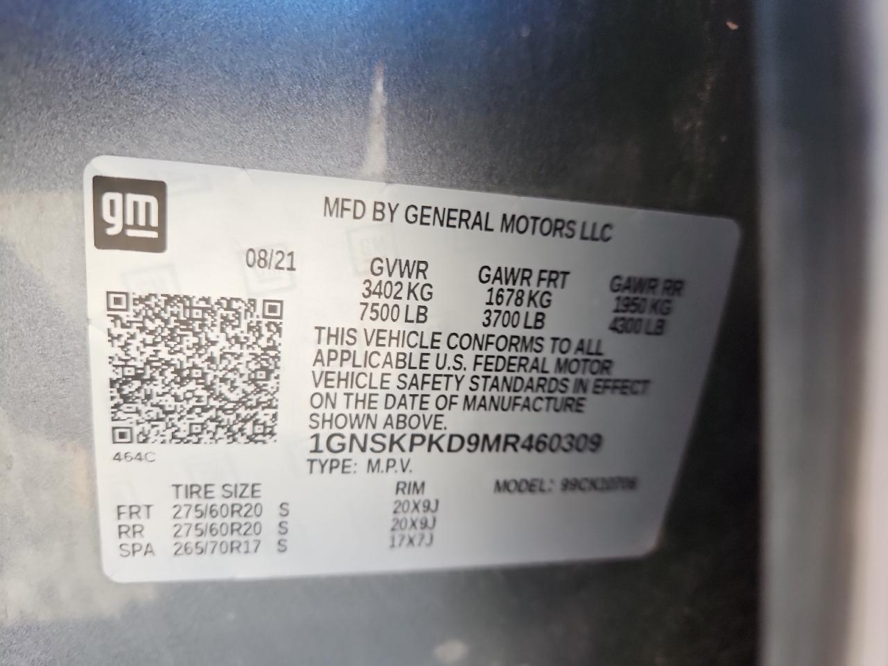2021 Chevrolet Tahoe K1500 Z71 VIN: 1GNSKPKD9MR460309 Lot: 84873605