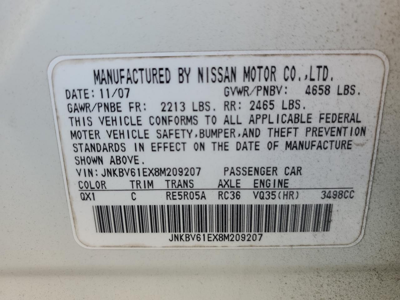 2008 Infiniti G35 VIN: JNKBV61EX8M209207 Lot: 85298315