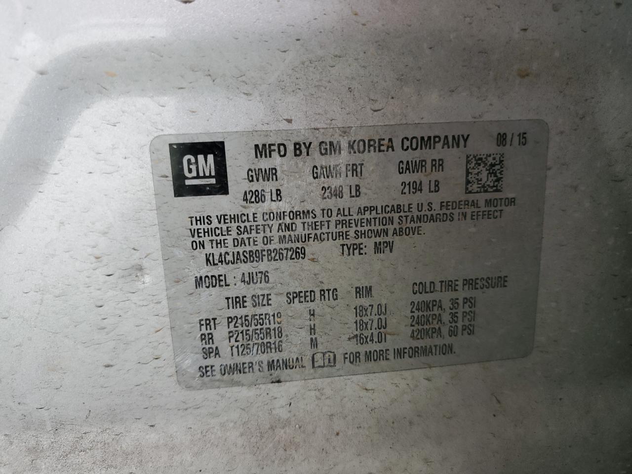 2015 Buick Encore VIN: KL4CJASB9FB267269 Lot: 85536185